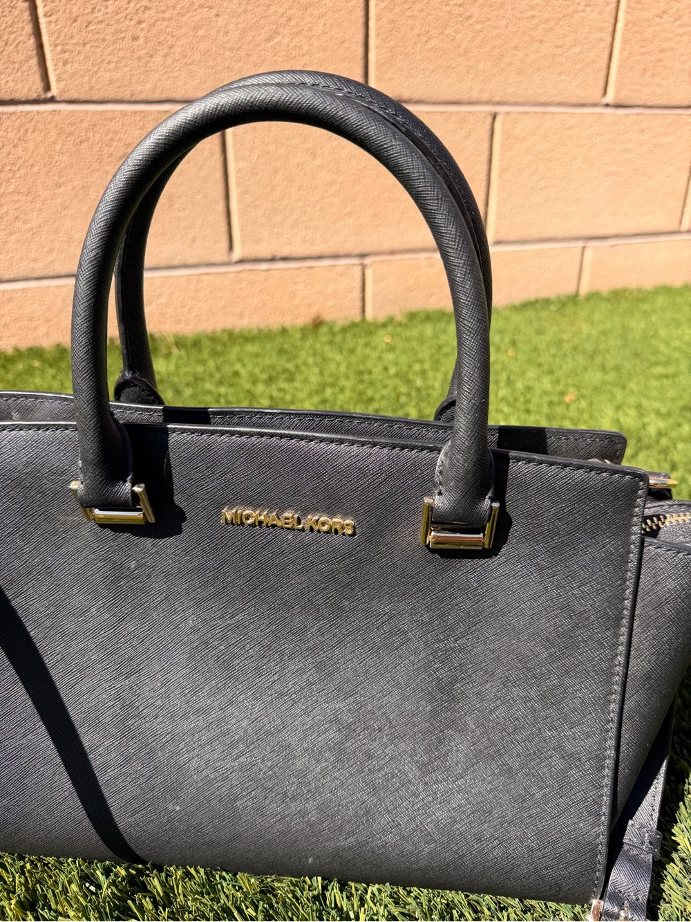 Michael Kors Gray Saffiano Leather Satchel with Gold Hardware - Picture 2 of 5